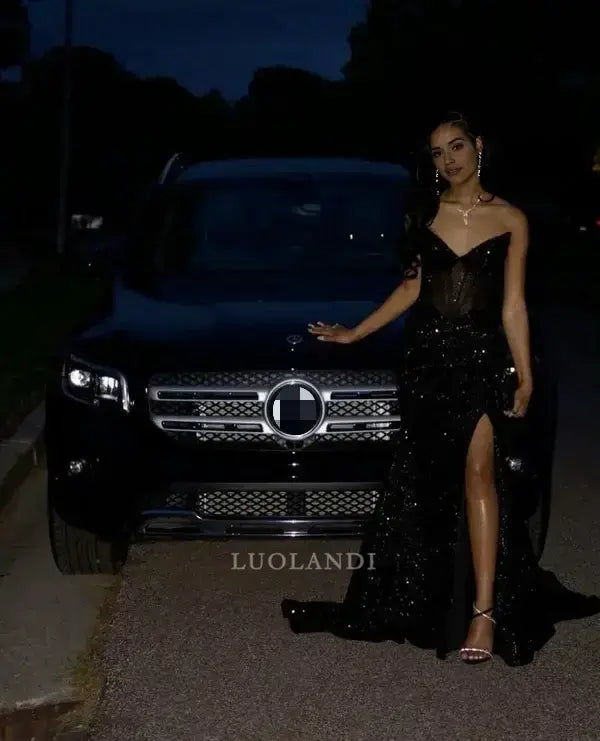 Luolandi Charming Black V-neck Strapless Sleeveless Sequin Long Formal Prom Dress With Slit Sexy Evening Gowns Fashion Party Dress
