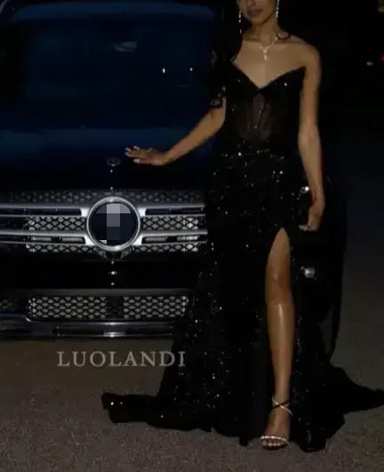 Luolandi Charming Black V-neck Strapless Sleeveless Sequin Long Formal Prom Dress With Slit Sexy Evening Gowns Fashion Party Dress