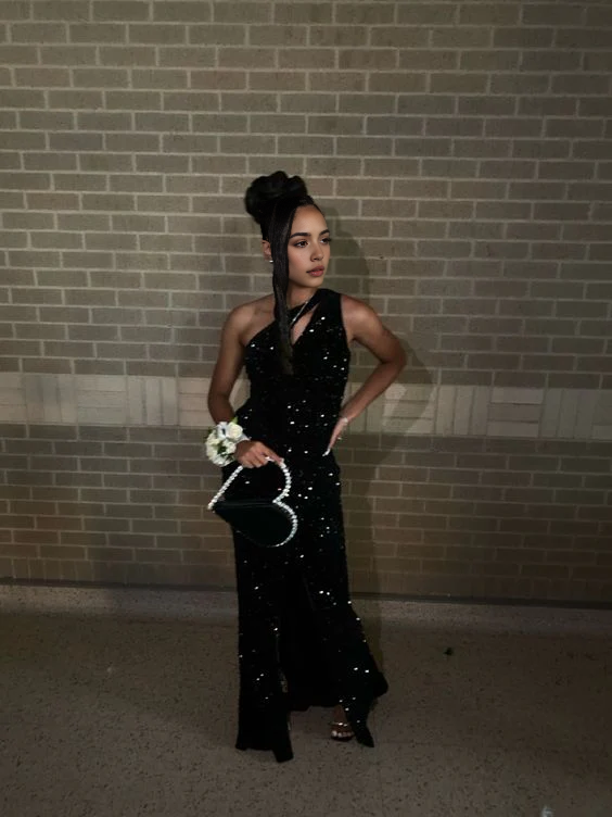 Luolandi Charming Black Sheath One Shoulder Sequin Long Formal Prom Dress With Slit Fashion Party Dress Sexy Evening Gowns