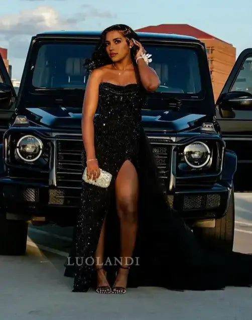 Luolandi Charming Black Strapless Sleeveless Sequin Long Formal Prom Dress With Slit Sexy Evening Gowns Fashion Party Dress