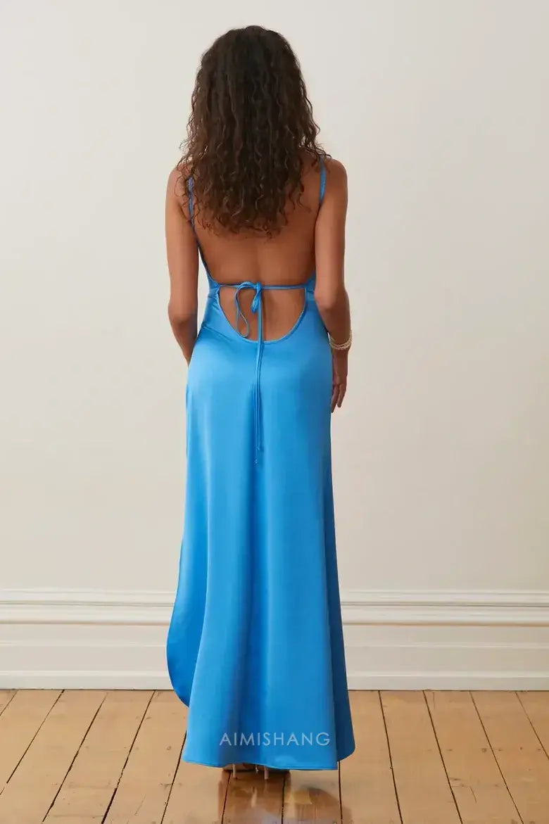Luolandi Charming Blue V-Neck Sleeveless Backless Long Prom Dress With Slit Elegant Evening Gown Simple Party Dress
