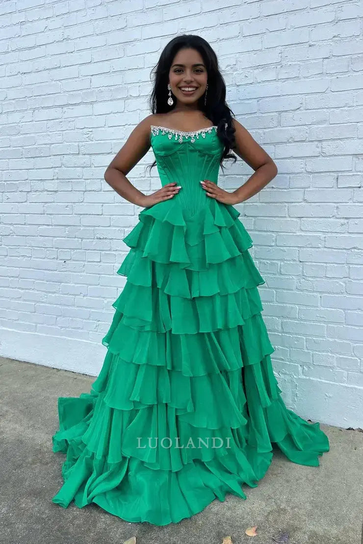 Luolandi Charming A Line Strapless Tiered Long Prom Dresses with Slit Chic Graduation Dress Pretty Party Evening Gowns