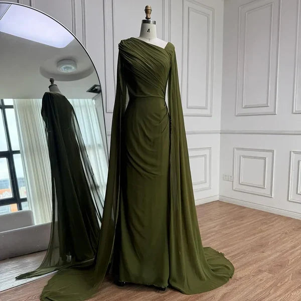 Charming Mermaid Asymmetric Neckline Beaded Long Sleeve Cape Chiffon Formal Evening Dress