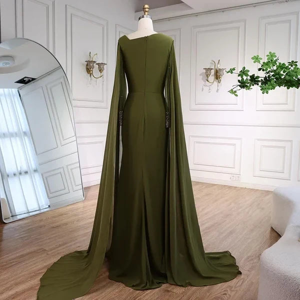 Charming Mermaid Asymmetric Neckline Beaded Long Sleeve Cape Chiffon Formal Evening Dress