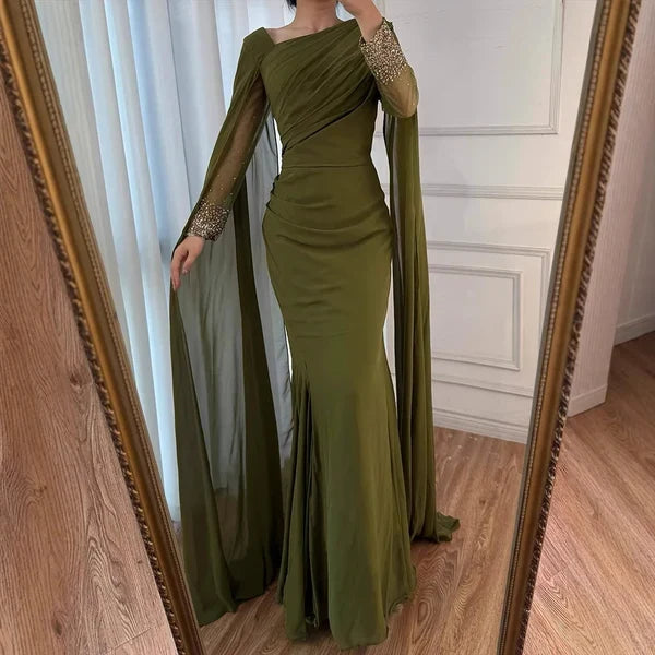 Charming Mermaid Asymmetric Neckline Beaded Long Sleeve Cape Chiffon Formal Evening Dress