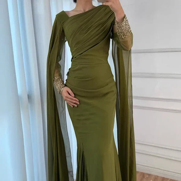 Charming Mermaid Asymmetric Neckline Beaded Long Sleeve Cape Chiffon Formal Evening Dress