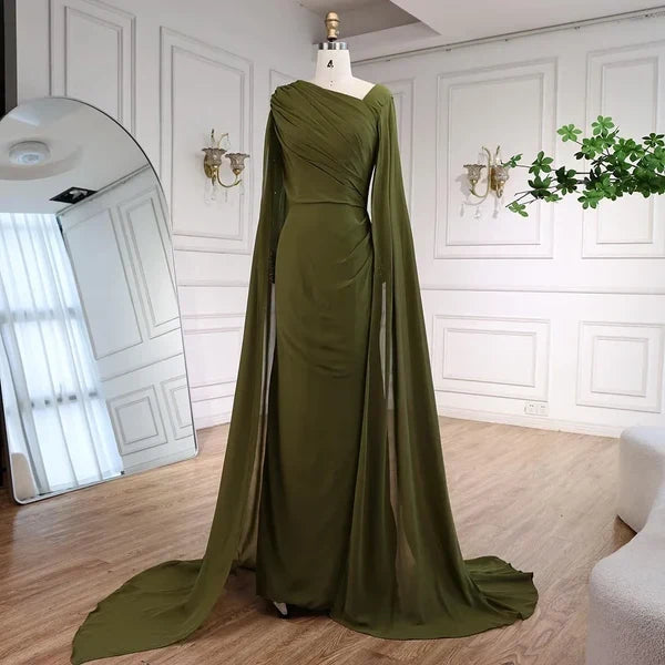 Charming Mermaid Asymmetric Neckline Beaded Long Sleeve Cape Chiffon Formal Evening Dress