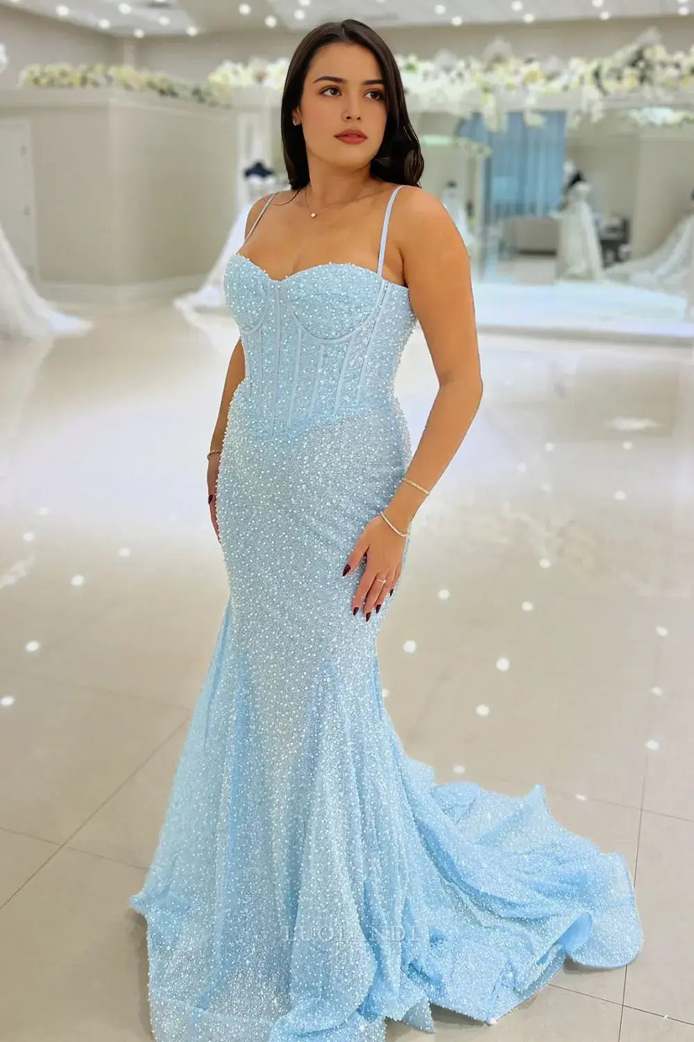 Luolandi Charming Mermaid Light Blue Spaghetti Straps Long Prom Dresses Elegant Party Evening Gowns Lovely Graduation Dress