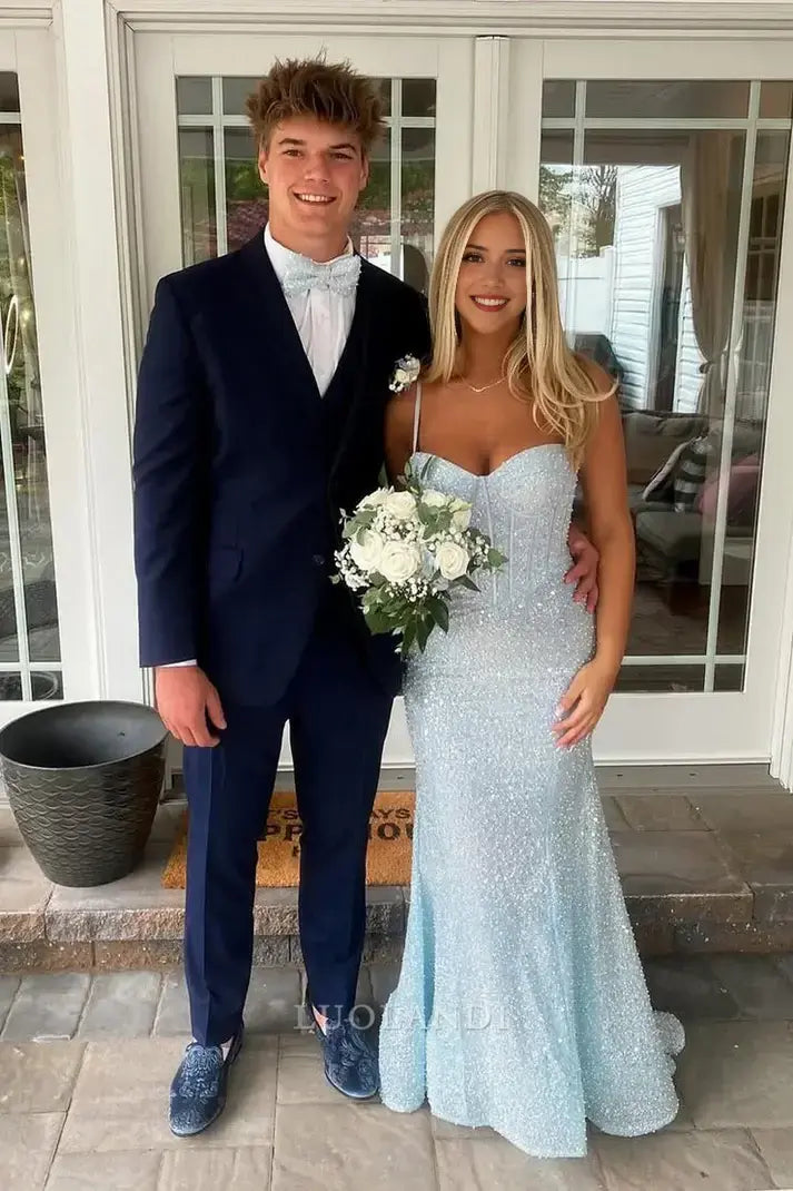 Luolandi Charming Mermaid Light Blue Spaghetti Straps Long Prom Dresses Lovely Graduation Dress Elegant Party Evening Gowns