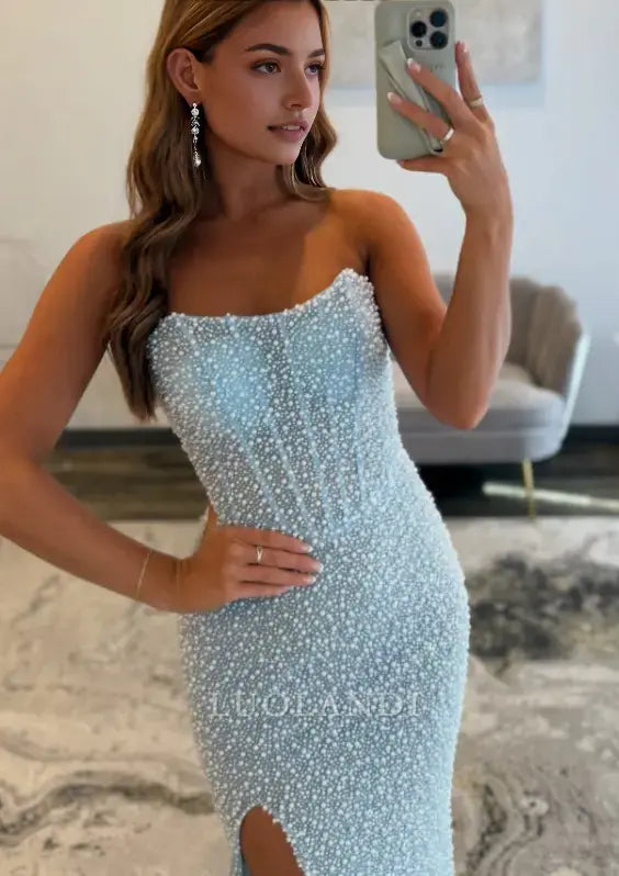 Luolandi Charming Mermaid Scoop Neck Strapless Light Blue Long Prom Dresses with Slit Chic Graduation Dress Pretty Party Evening Gowns