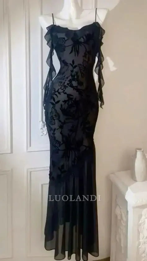 Luolandi Charming Mermaid Spaghetti Straps Ruffle Sleeveless Long Formal Prom Dress Elegant Evening Gown Sexy Party Dress
