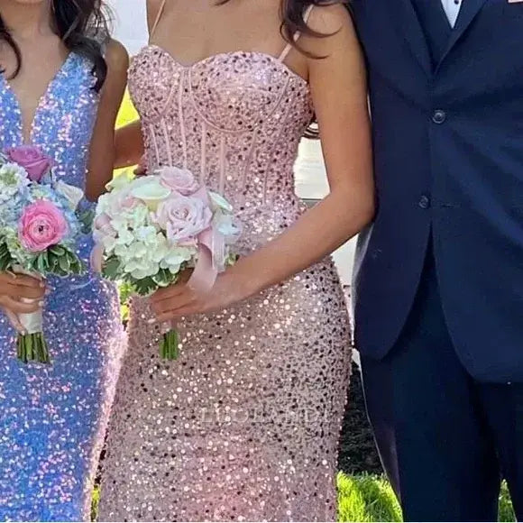 Luolandi Charming Mermaid Spaghetti Straps Sequins Sleeveless Long Formal Prom Dress Sexy Birthday Party Dress Sparkly Evening Gowns