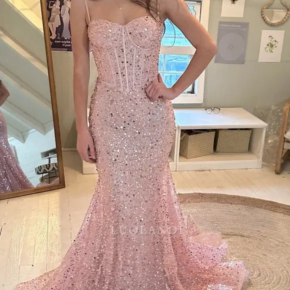 Luolandi Charming Mermaid Spaghetti Straps Sequins Sleeveless Long Formal Prom Dress Sexy Birthday Party Dress Sparkly Evening Gowns