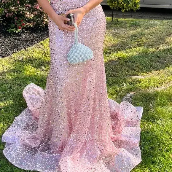 Luolandi Charming Mermaid Spaghetti Straps Sequins Sleeveless Long Formal Prom Dress Sexy Birthday Party Dress Sparkly Evening Gowns