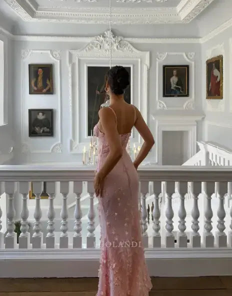 Luolandi Charming Mermaid Spaghetti Straps Sleeveless Lace Up Back Long Formal Prom Dresses with Appliques Elegant Birthday Party Dress Sweet Evening Gowns