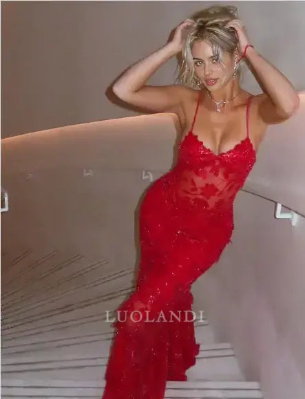 Luolandi Charming Mermaid Spaghetti Straps Sleeveless Long Formal Prom Dress Gorgeous Evening Gowns Sexy Birthday Party Dresses