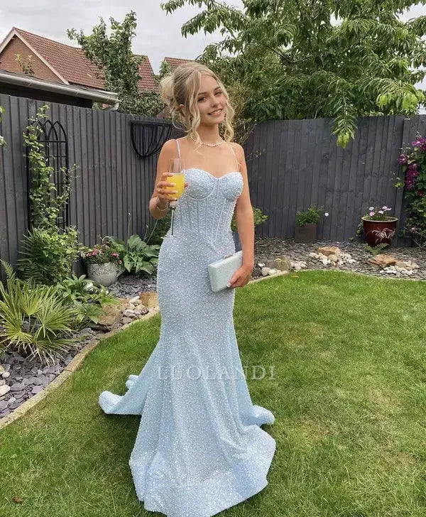 Luolandi Charming Mermaid Spaghetti Straps Sleeveless Long Formal Prom Dress Sexy Evening Party Dress Light Blue Graduation Dress