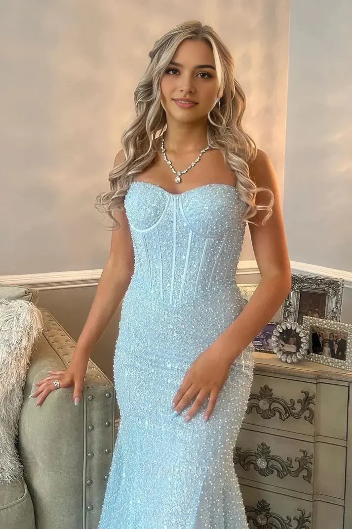 Luolandi Charming Mermaid Spaghetti Straps Sleeveless Long Formal Prom Dress Sexy Evening Party Dress Light Blue Graduation Dress