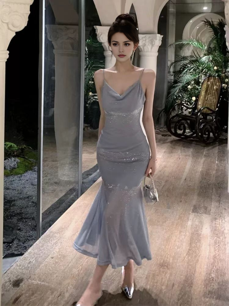 Luolandi Charming Mermaid Spaghetti Straps Sleeveless Prom Dress Elegant Evening Party Dress Shiny Vacation Beach Dress