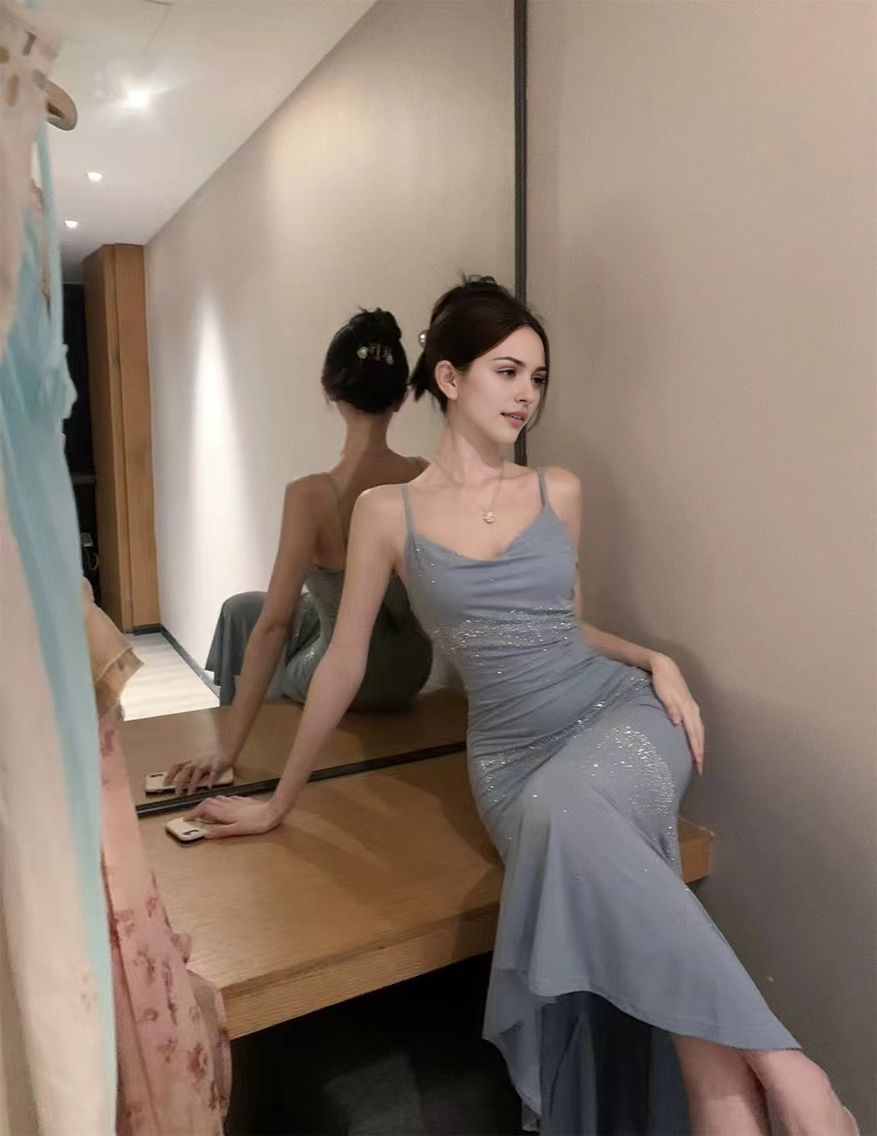 Luolandi Charming Mermaid Spaghetti Straps Sleeveless Prom Dress Elegant Evening Party Dress Shiny Vacation Beach Dress