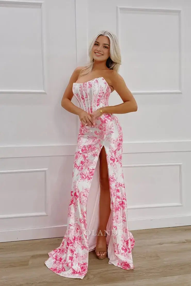 Luolandi Charming Mermaid Strapless Floral Satin Long Prom Dresses With Slit Elegant Party Evening Gowns Sexy Wedding Guest Dress