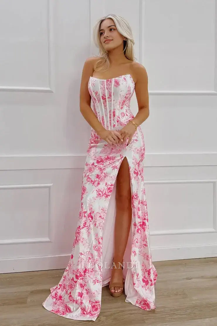 Luolandi Charming Mermaid Strapless Floral Satin Long Prom Dresses With Slit Elegant Party Evening Gowns Sexy Wedding Guest Dress