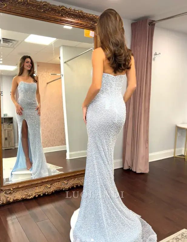 Luolandi Charming Mermaid Strapless Light Blue Long Formal Prom Dresses with Slit Shiny Graduation Dress Elegant Party Evening Gowns