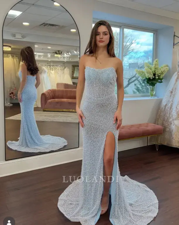 Luolandi Charming Mermaid Strapless Light Blue Long Formal Prom Dresses with Slit Shiny Graduation Dress Elegant Party Evening Gowns