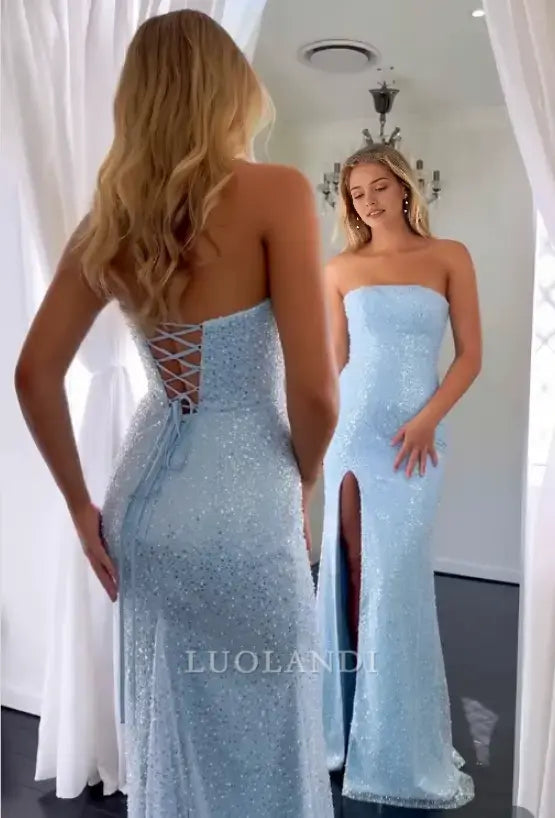 Luolandi Charming Mermaid Strapless Light Blue Long Prom Dresses with Slit Shiny Graduation Dress Elegant Party Evening Gowns