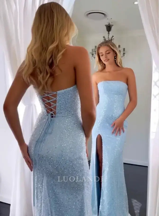 Luolandi Charming Mermaid Strapless Light Blue Long Prom Dresses with Slit Shiny Graduation Dress Elegant Party Evening Gowns