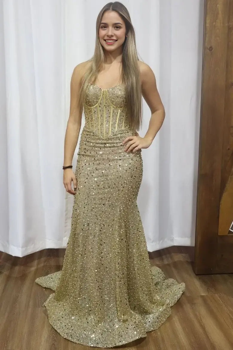 Luolandi Charming Mermaid Strapless Long Formal Prom Dresses Sexy Party Evening Gowns Shiny Graduation Dress