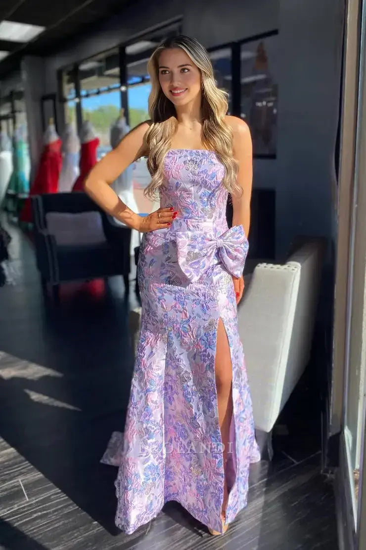 Luolandi Charming Mermaid Strapless Long Prom Dresses With Slit and Bow Elegant Party Evening Gowns Sweet Wedding Guest Dress