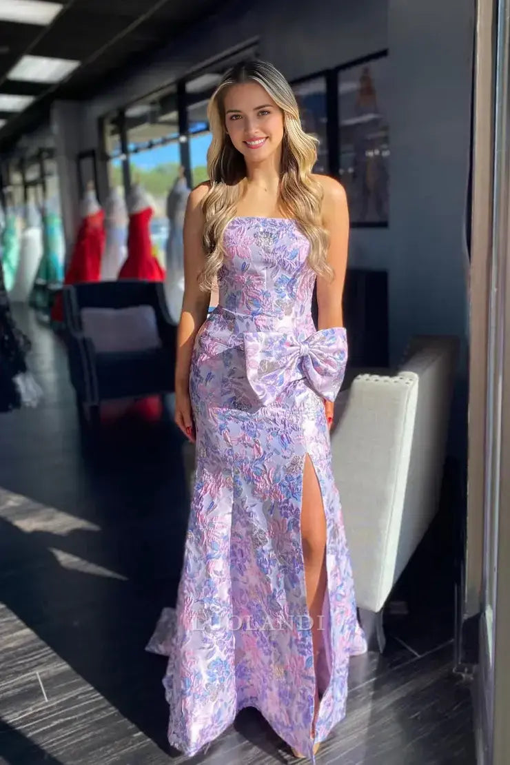 Luolandi Charming Mermaid Strapless Long Prom Dresses With Slit and Bow Elegant Party Evening Gowns Sweet Wedding Guest Dress