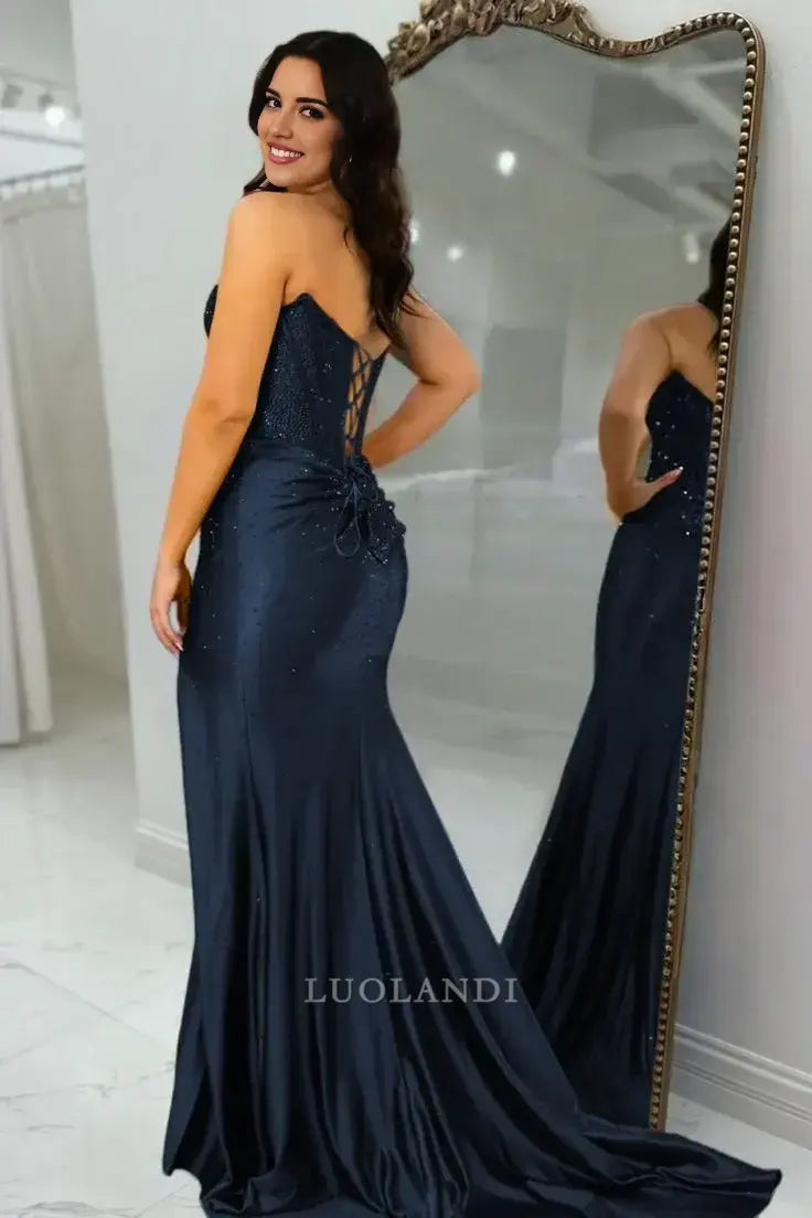 Luolandi Shiny Mermaid Strapless Sleeveless Beaded Yellow Long Prom Dresses with Slit Sexy Party Evening Gowns Charming Formal Graduation Dress