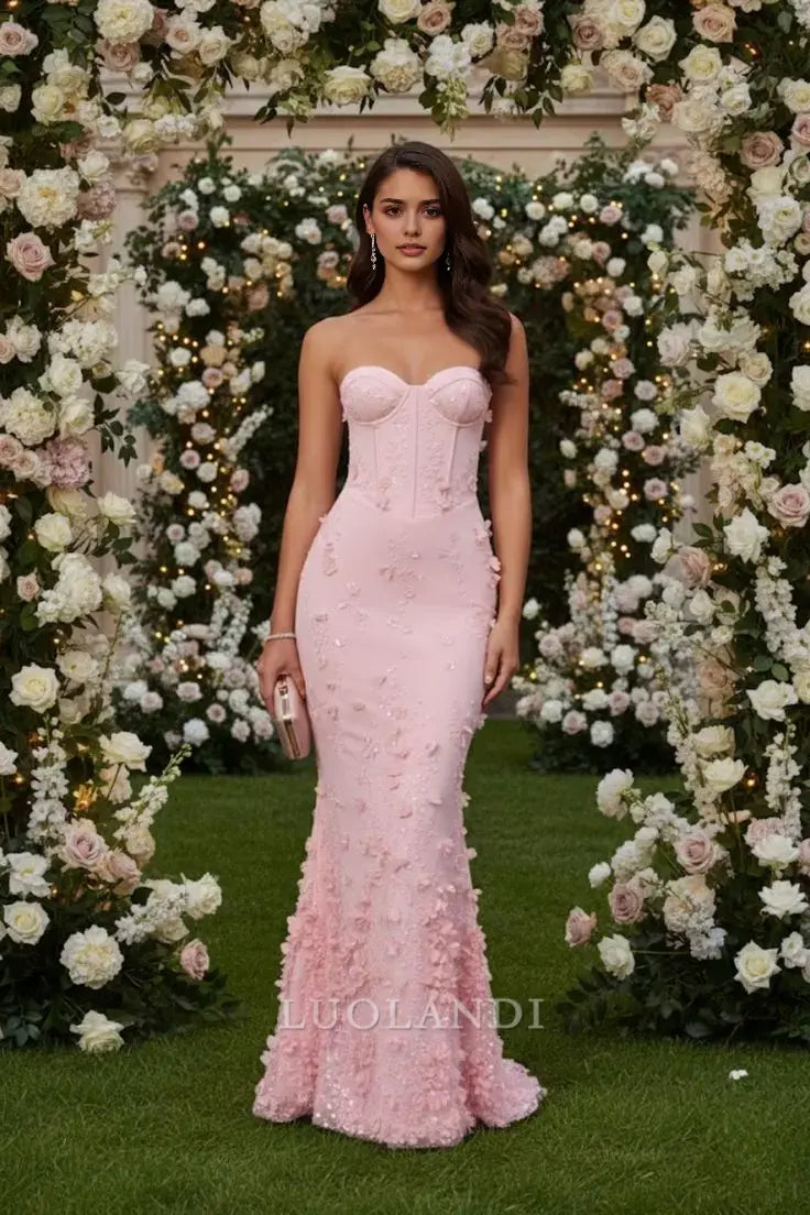 Luolandi Charming Mermaid Strapless Sleeveless Lace Up Back Long Formal Prom Dresses with Appliques Elegant Birthday Party Dress Sweet Evening Gowns