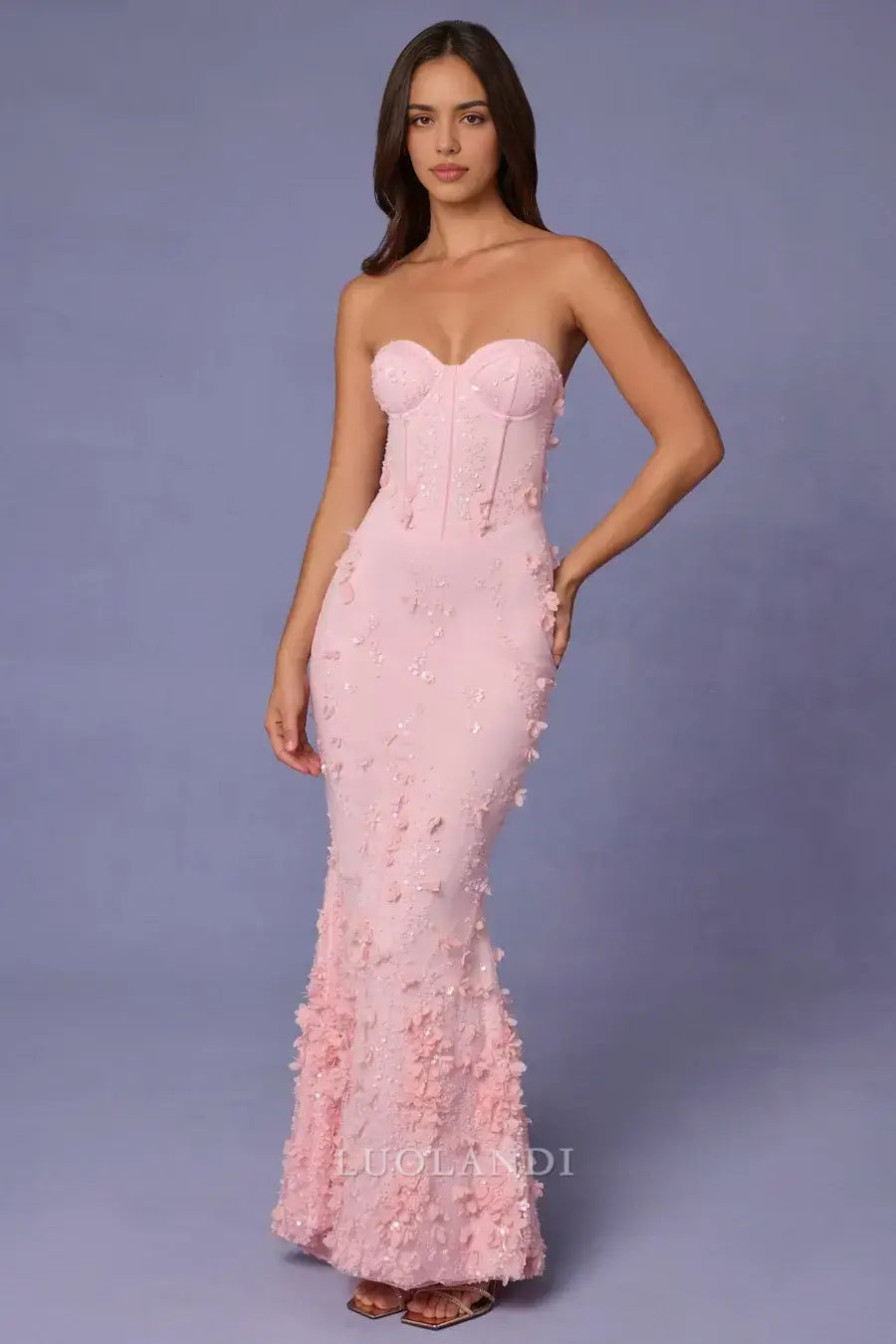 Luolandi Charming Mermaid Strapless Sleeveless Lace Up Back Long Formal Prom Dresses with Appliques Elegant Birthday Party Dress Sweet Evening Gowns