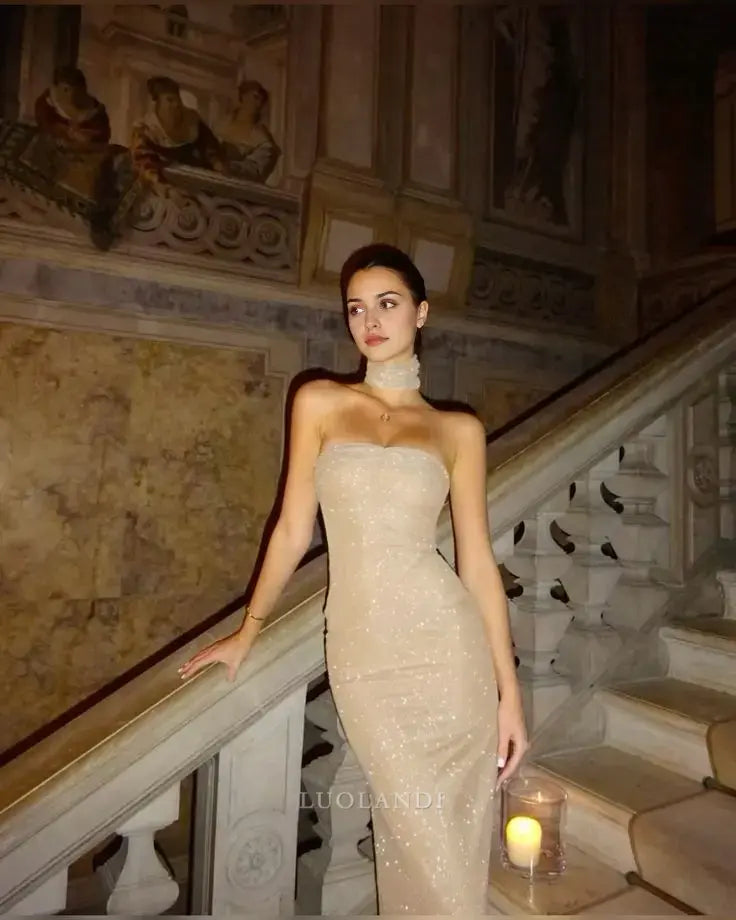 Luolandi Charming Mermaid Strapless Sleeveless Long Formal Prom Dress Shiny Birthday Party Dress Sexy Evening Gowns