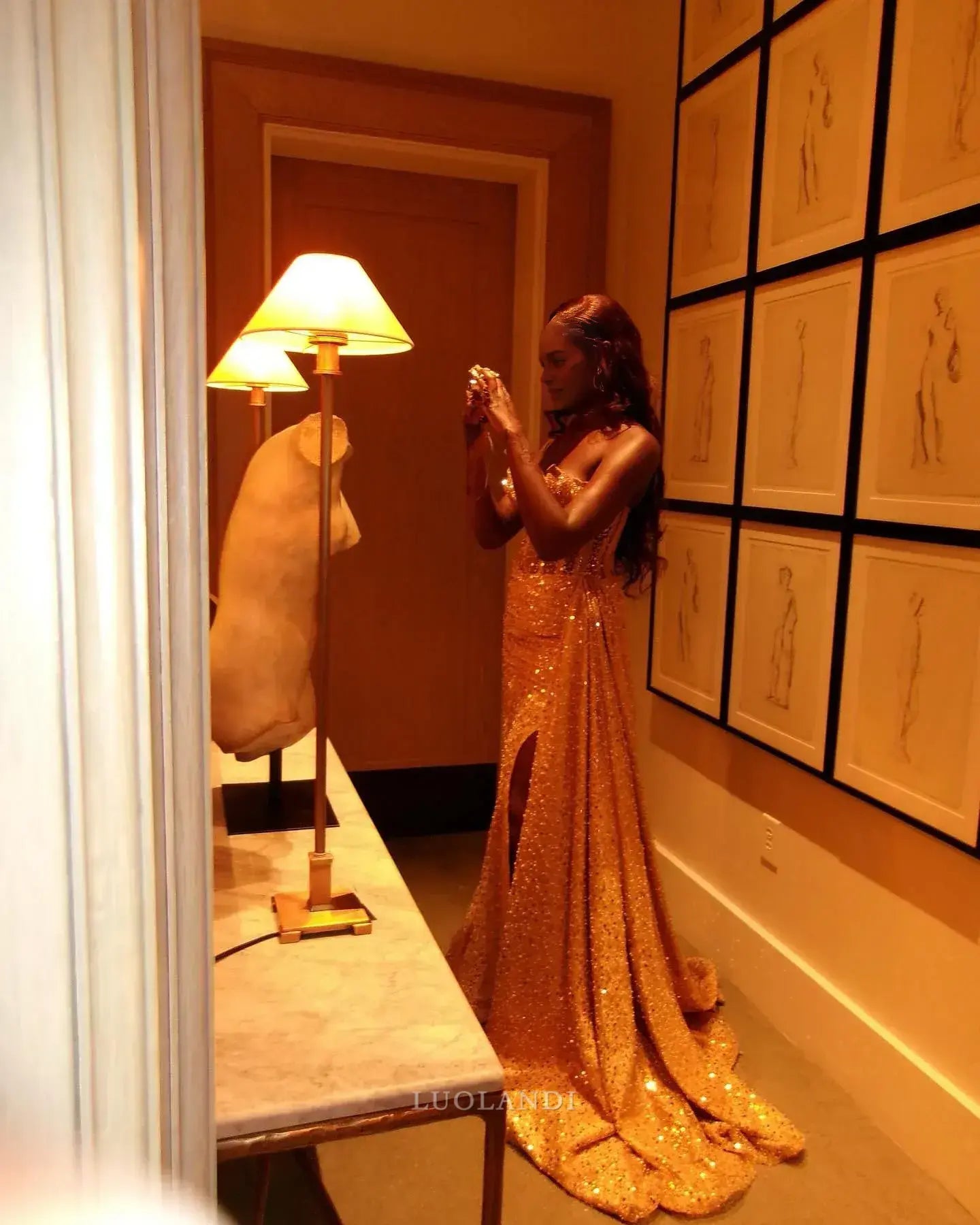 Luolandi Charming Mermaid Strapless Sleeveless Sequin Long Formal Prom Dress With Slit Black Girl Birthday Party Dress Sexy Evening Gown