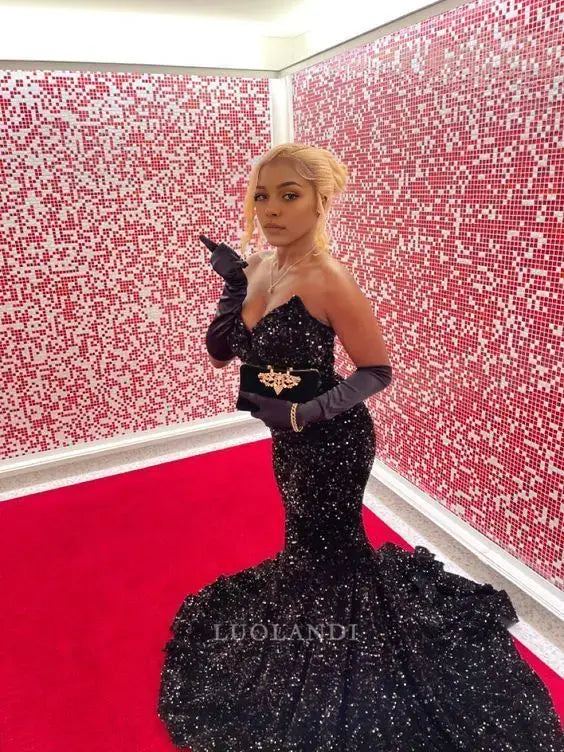 Luolandi Charming Mermaid Strapless Sleeveless Sequins Long Formal Prom Dress Sexy Black Evening Party Dress No With Gloves