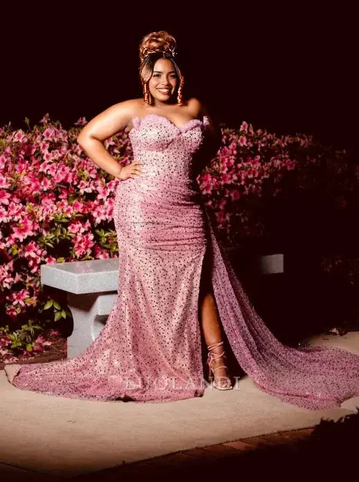 Luolandi Charming Mermaid Strapless Sleeveless Sequins Long Formal Prom Dress With Slit Black Girl Birthday Party Dress Plus Size Sexy Evening Gown