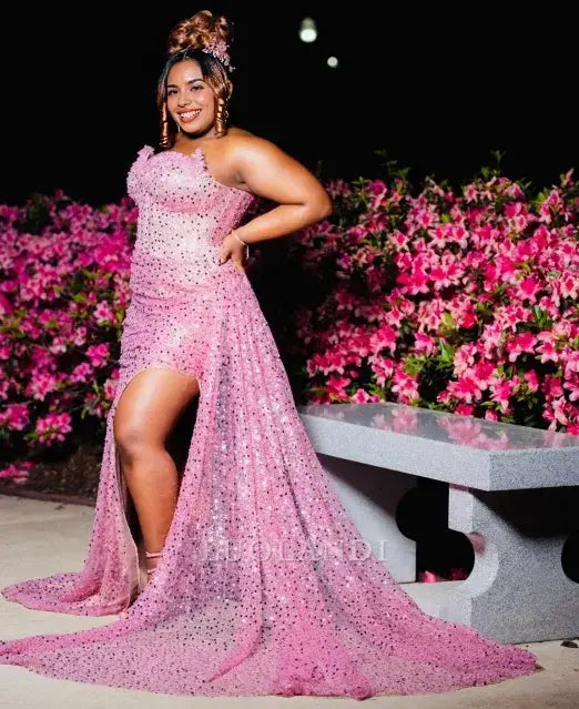 Luolandi Charming Mermaid Strapless Sleeveless Sequins Long Formal Prom Dress With Slit Black Girl Birthday Party Dress Plus Size Sexy Evening Gown