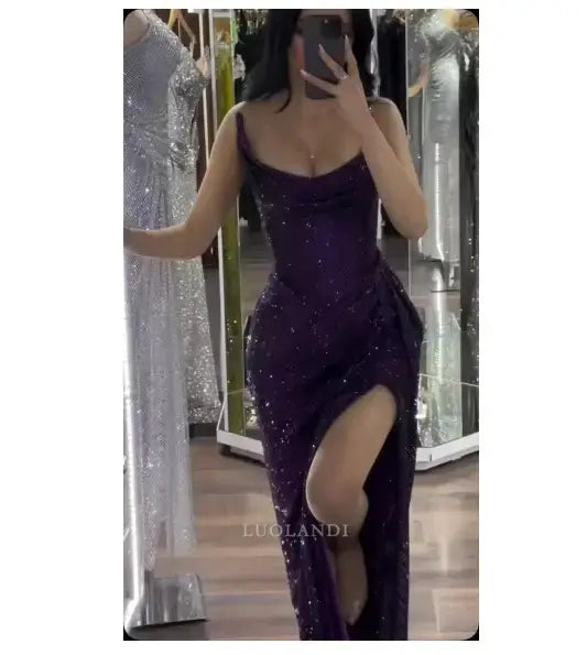 Luolandi Charming Mermaid Strapless Sleeveless Long Formal Prom Dress with Split Sparkly Party Evening Gowns Sexy Black Girls Graduation Dress