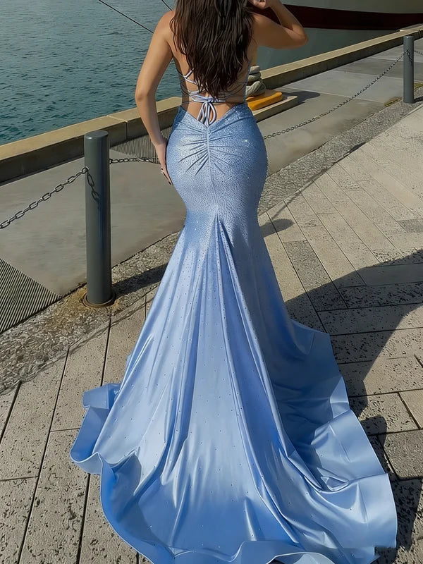 Charming Mermaid V-Neck Spaghetti Straps Sleeveless Beaded Satin Women's Evening Party Dress