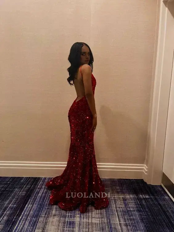 Luolandi Charming Mermaid V-neck Sleeveless Sequin Long Prom Dress Sparkly Evening Gown Sexy Party Dress