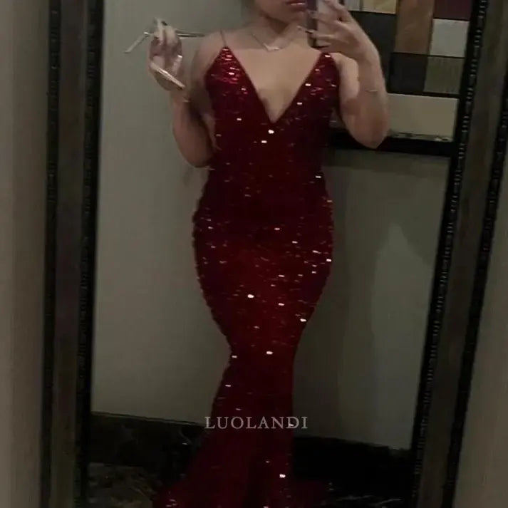 Luolandi Charming Mermaid V-neck Sleeveless Sequin Long Prom Dress Sparkly Evening Gown Sexy Party Dress