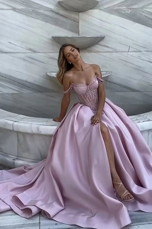 Luolandi Charming Off the Shoulder A Line Satin Party Evening Gown Elegant Beaded Long Formal Prom Dress With Split