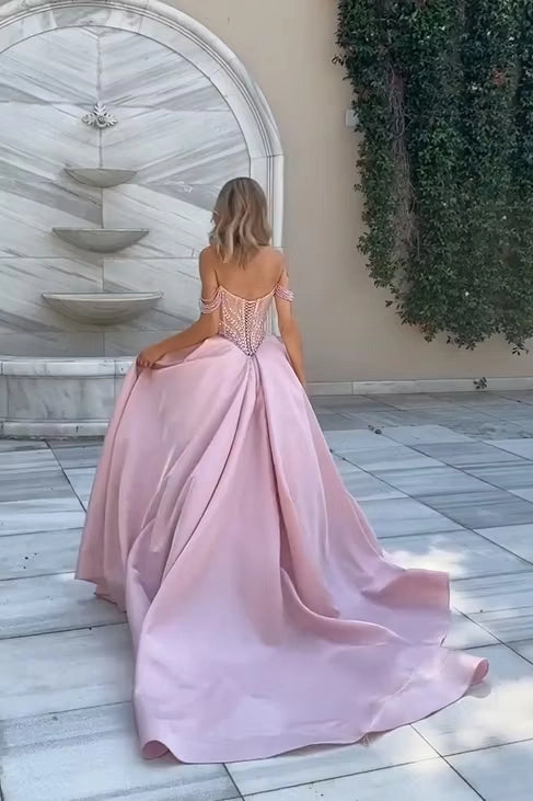 Luolandi Charming Off the Shoulder A Line Satin Party Evening Gown Elegant Beaded Long Formal Prom Dress With Split