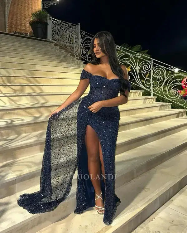 Luolandi Charming Off the Shoulder Sequin Long Formal Prom Dress With Slit Sexy Evening Party Dress Sparkly Graduation Dress