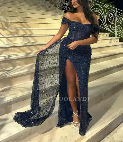 Luolandi Charming Off the Shoulder Sequin Long Formal Prom Dress With Slit Sexy Evening Party Dress Sparkly Graduation Dress