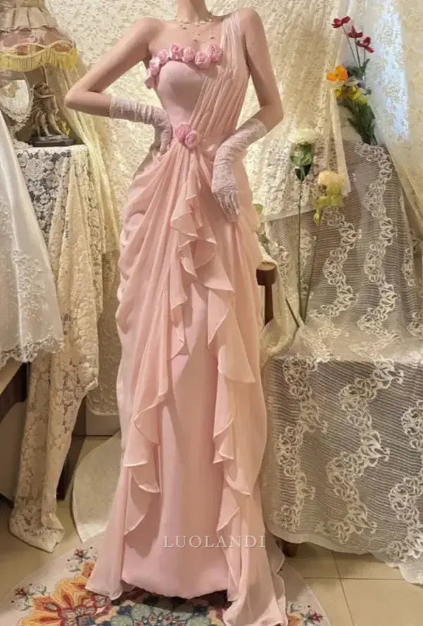 Luolandi Charming One Shoulder Ruffles Long Formal Prom Dresses With Flowers Pretty Birthday Party Dress Chi Evening Dress No With Gloves